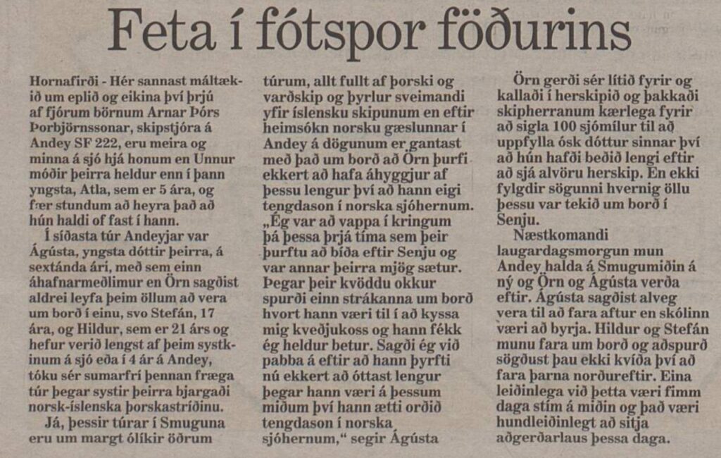 Mynd og grein á fyrri síðu birtust í Morgunblaðinu þann 19. ágúst 1994. 
